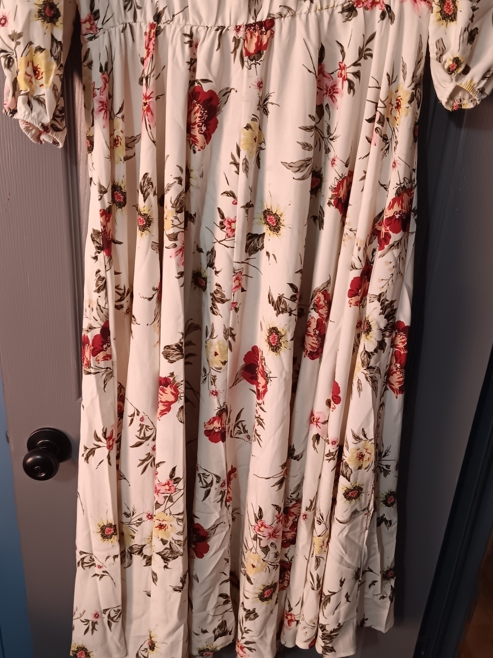 Women's Cream Floral Maxi Dress with Puff Sleeves - Picture 3 of 8